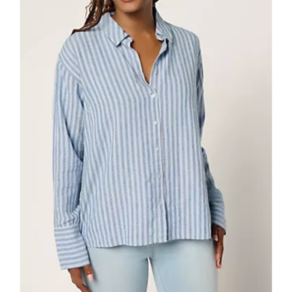 Peace Love World Boheme Striped Linen Blend Button Down Shirt Blue White XS